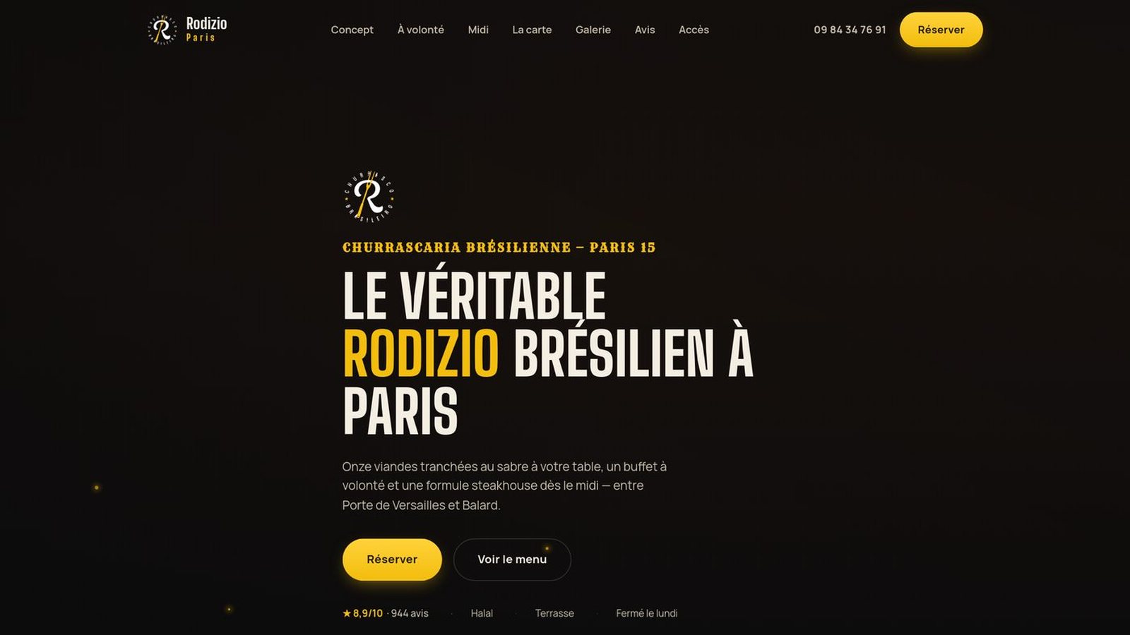 Rodizio Paris — Identité, site, SEO et acquisition pour une churrascaria brésilienne à Paris.