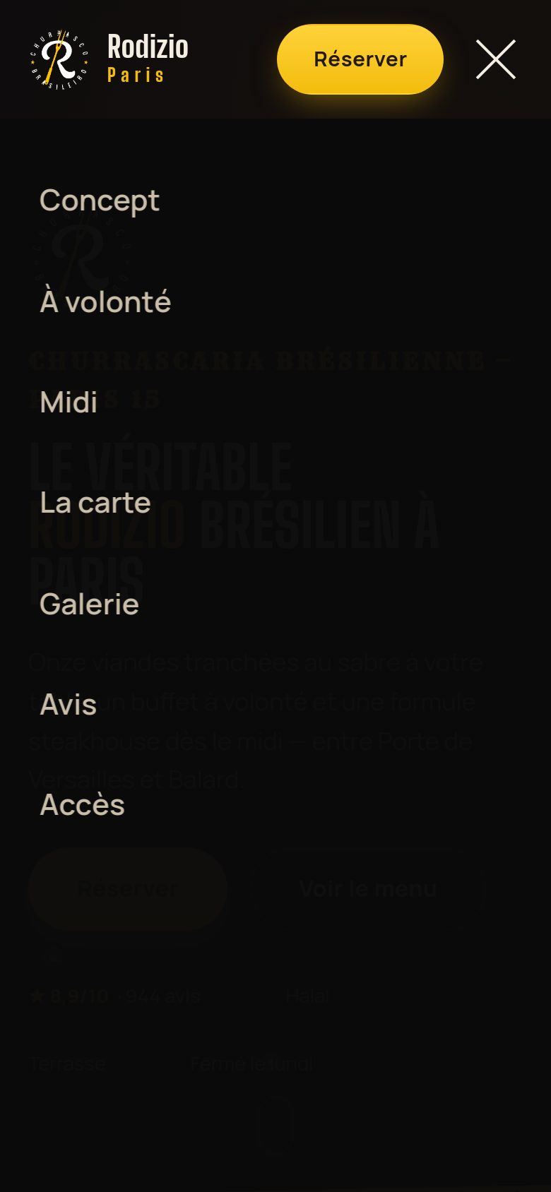 Rodizio Paris — menu de navigation, mobile